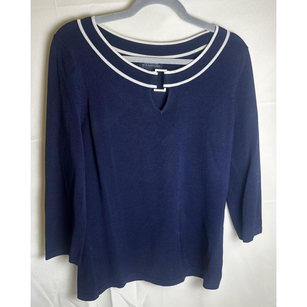 Jones NY Signature Women Sz L Navy Blue White Trim 3/4 Sleeve Knit Sweater Top